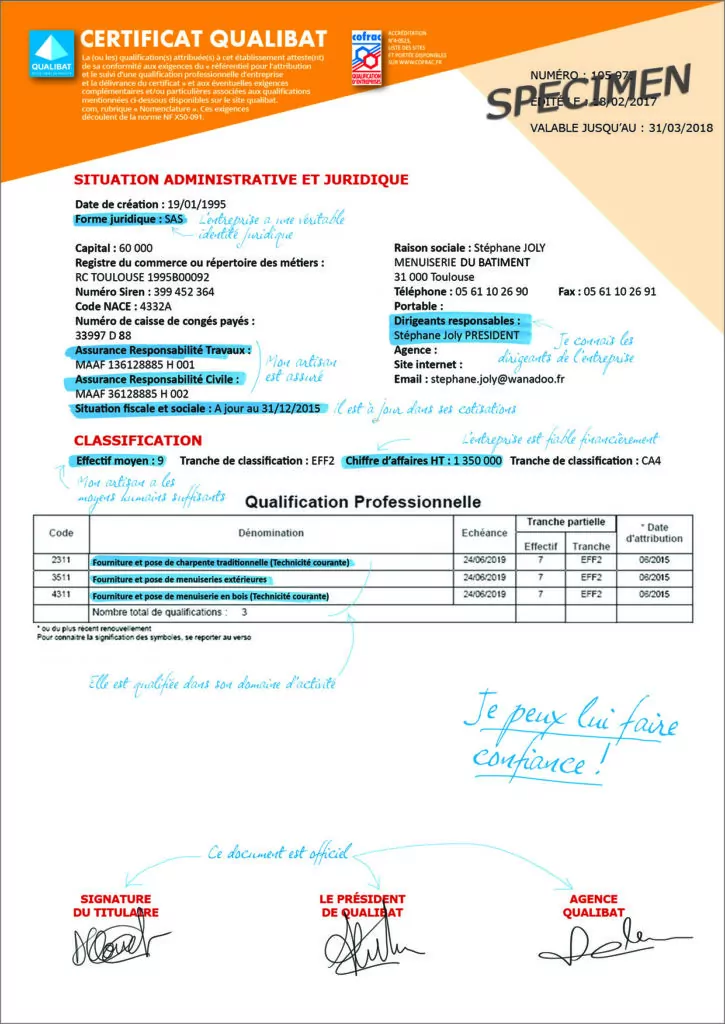 specimen certificat Qualibat RGE